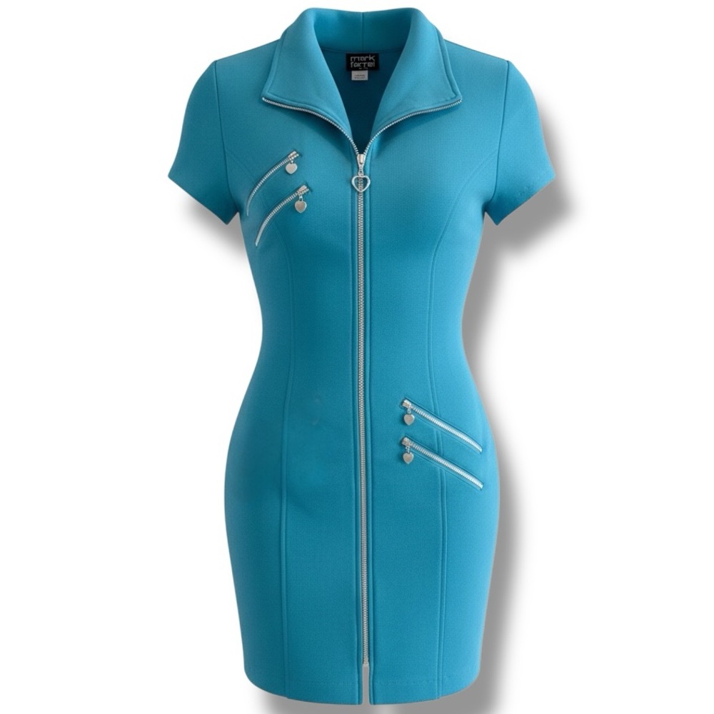 Vintage 80s Mark Farrel Blue Form-Fitting Dress w/ Heart Zippers Shoulder Pads L